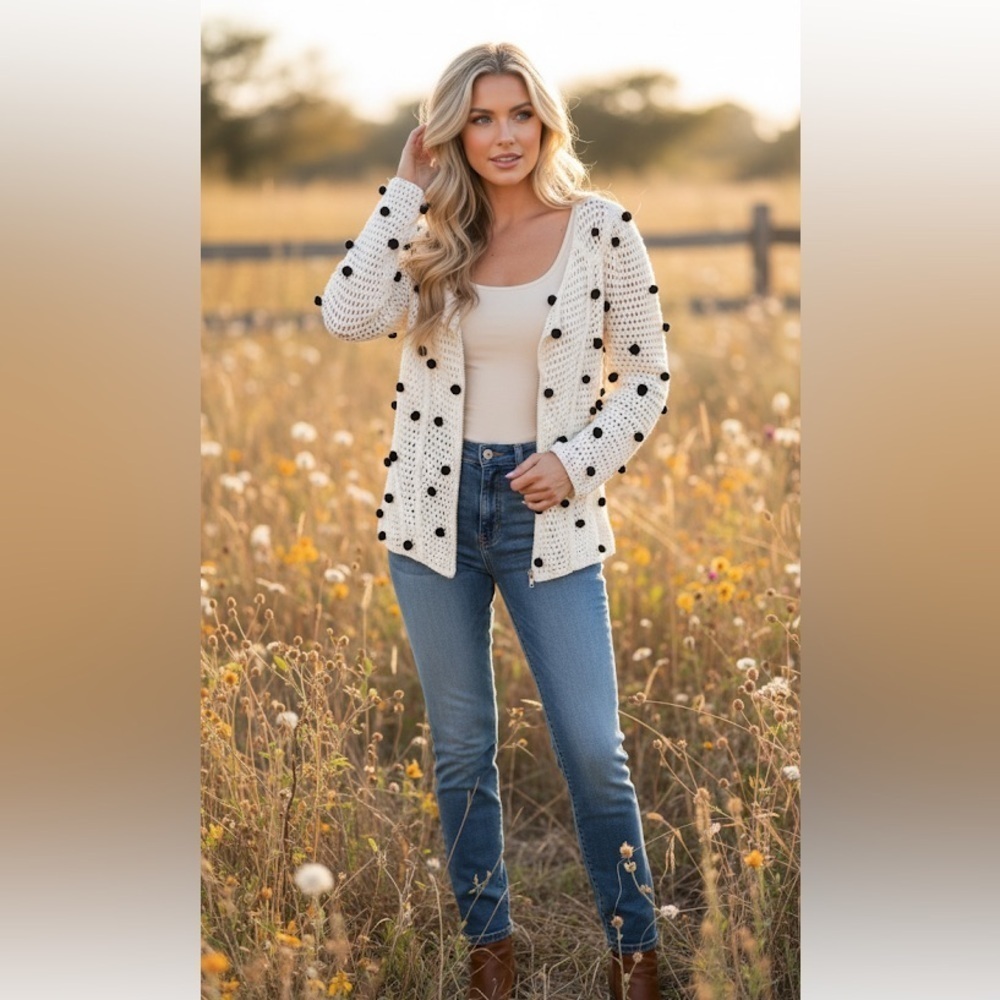 Anthropologie Moth Pom Pom Dot Full Zip Cream Cotton Cardigan Size Small